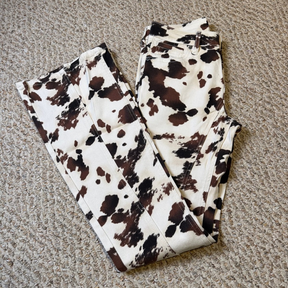 NWT Forever 21 Cow Print Flare Jeans Denim Pants Women Size 27 Brown Cream - Picture 7 of 10